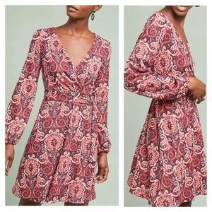 Anthropologie Maeve Paisley Print V-Neck Belted Long Sleeve Dress Size Small